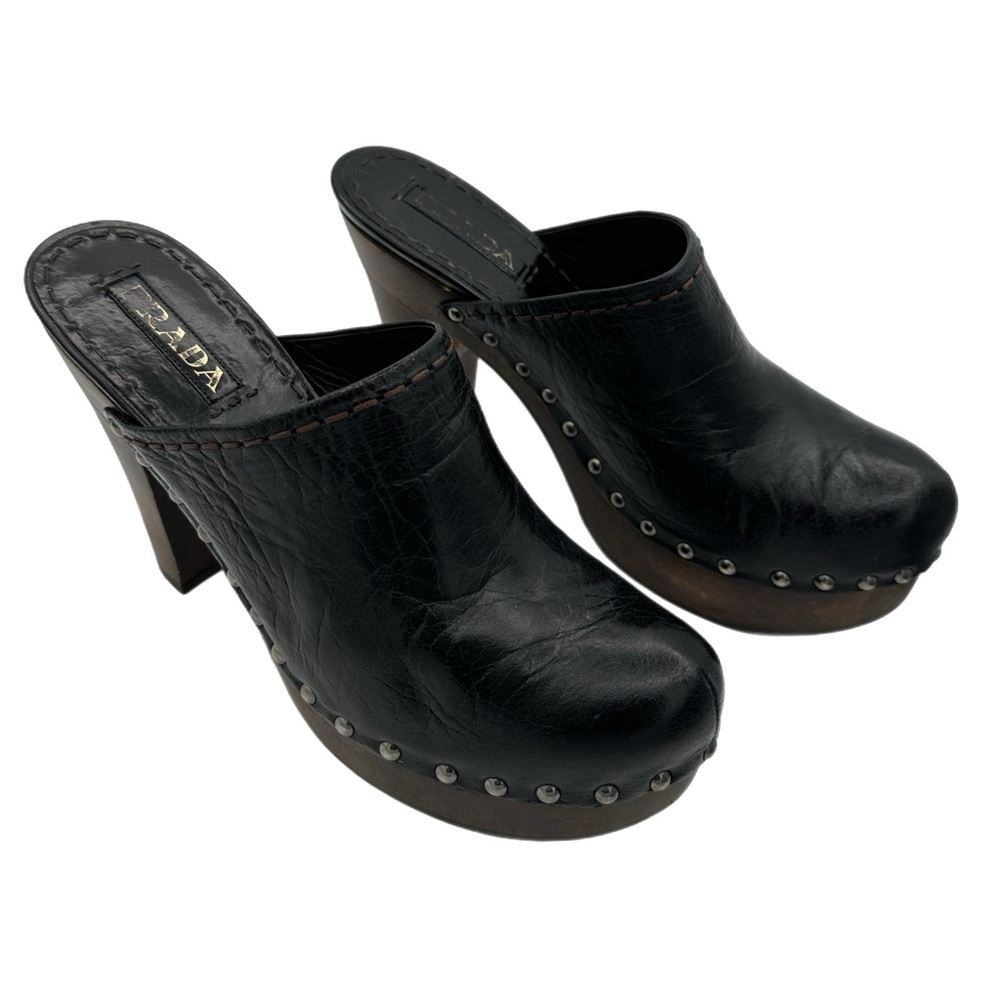 Prada Black Leather Mules with Distressed Wooden Heel – Size 39 EU - Picture 3 of 13